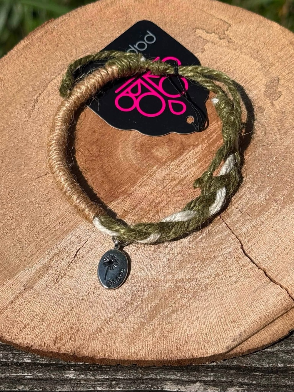 Boho Olive & Tan Braided ‘Peace’ Charm Bracelet